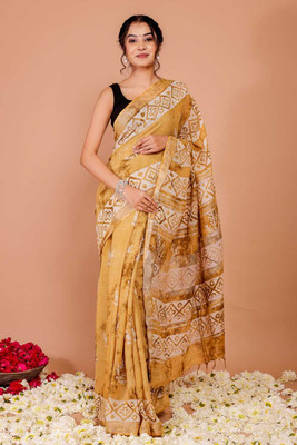 havya creation Printed Banarasi Linen Saree(Yellow)