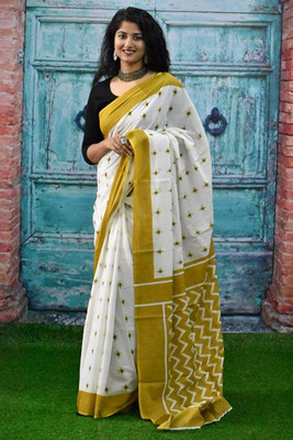 NIKHILAM Printed Daily Wear Pure Cotton Saree(Yellow, White)