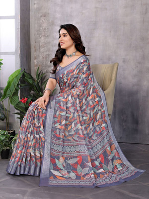 SJY Digital Print Daily Wear Cotton Linen Saree(Multicolor)