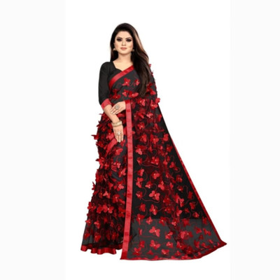 M KRISHNA CREATION Embroidered Bollywood Net Saree(Black, Red)