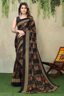 YASHIKA Floral Print Daily Wear Georgette Saree(Black)