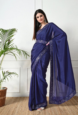 Pionex Solid/Plain Bollywood Chiffon, Silk Blend Saree(Dark Blue)