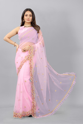 Yashvi Designer Embroidered Bollywood Net Saree(Pink)