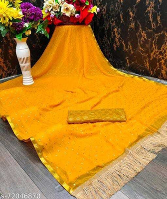 Triveni Fab Polka Print Daily Wear Chiffon Saree(Yellow)