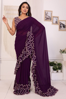 DWINIZAA STORE Solid/Plain, Embroidered Pre Draped Saree Georgette Saree(Purple)