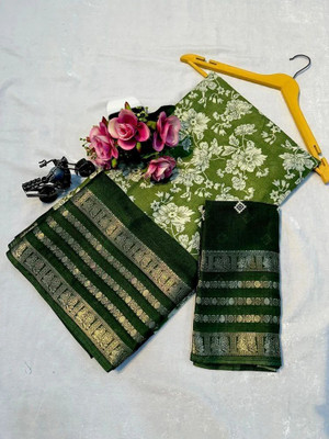 BilloRani Floral Print, Printed Bollywood Silk Blend, Art Silk Saree(Green)