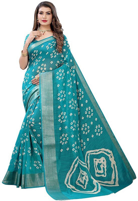 estrella fashion Printed Bandhani Cotton Silk Saree(Blue)