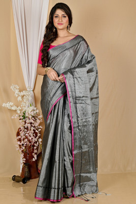 PuJoy Solid/Plain, Embellished, Woven Handloom Cotton Silk Saree(Grey)