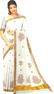 BRINDAVAN CREATIONS Embroidered Kasavu Cotton Blend Saree(Cream)