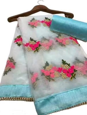MYSTERY BOX Embroidered Bollywood Net Saree(Blue)