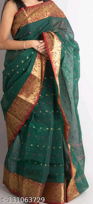 NADIA HANDALOOM Self Design Tant Pure Cotton Saree(Dark Green, Multicolor)