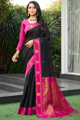 ROOP LAVANYA Woven Kanjivaram Pure Silk Saree(Black, Pink)