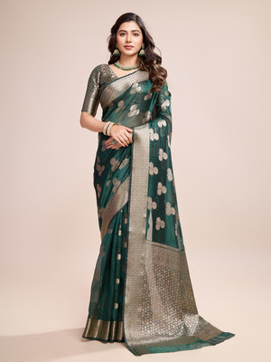 SHRIMAY Floral Print Bollywood Net, Organza Saree(Dark Green)