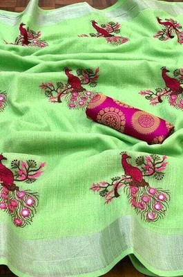 JASHALFAB Embroidered Bollywood Cotton Linen, Chanderi Saree(Green)