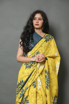DASTKARPRINT Printed Daily Wear Pure Cotton Saree(Yellow)
