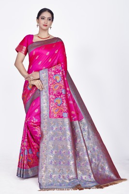 AAGIRI Self Design, Floral Print, Embellished, Woven, Applique Banarasi Jacquard, Art Silk Saree(Pink)