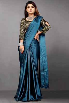 Flip The Style Solid/Plain Bollywood Crepe, Satin Saree(Dark Blue)