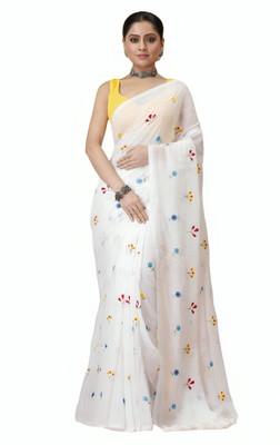 Readymart Embroidered Handloom Pure Cotton Saree(White)