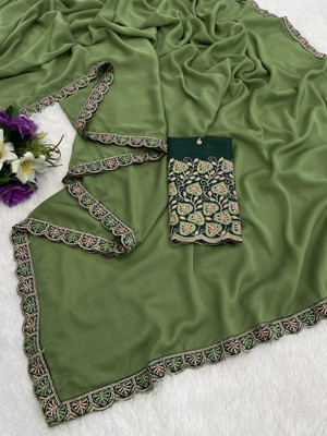 K 5 FASHION Embroidered, Solid/Plain Bollywood Georgette Saree(Light Green)