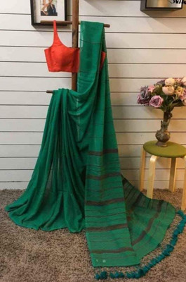 TutunDebnath Embroidered Handloom Cotton Blend Saree(Dark Green)