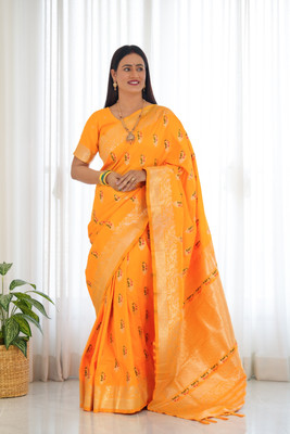 Divastri Printed Banarasi Cotton Silk Saree(Yellow)