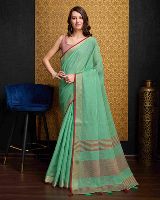 all about you Solid/Plain Bollywood Cotton Linen Saree(Green)