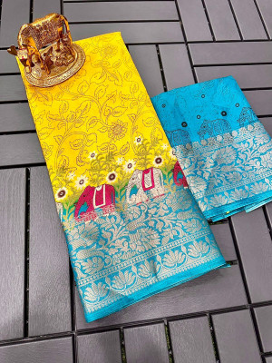 mohur trends Animal Print Bollywood Cotton Blend Saree(Yellow)