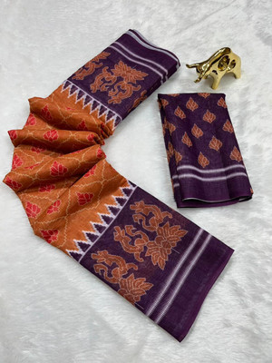 FULIYA SILK Printed, Geometric Print, Checkered, Temple Border, Woven Ikkat Linen Saree(Mustard, Blue)