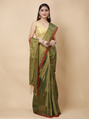 DipDiya Self Design Handloom Linen Saree(Green)