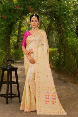 VKARAN Woven Kanjivaram Art Silk Saree(White)