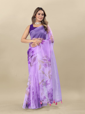 INITHI Digital Print Bollywood Organza Saree(Blue)