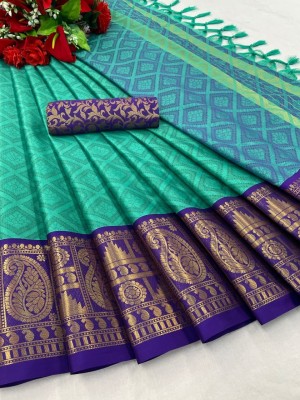 PRANJAL ART Printed Bollywood Jacquard, Art Silk Saree(Dark Green, Purple)