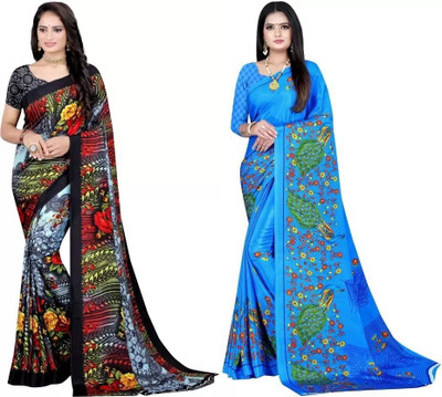 Leelavati Printed Bollywood Crepe Saree(Pack of 2, Multicolor, Blue)