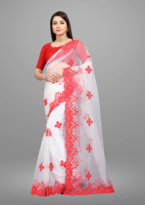Barkiya Creation Embroidered Bollywood Net Saree(White)