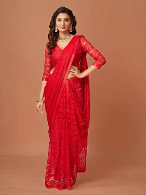 Aamvii Floral Print, Self Design Bollywood Net Saree(Red)