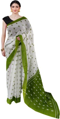 NIKHILAM Blocked Printed, Checkered, Printed, Dyed, Floral Print, Self Design, Digital Print Daily Wear Pure Cotton Saree(White, Green)