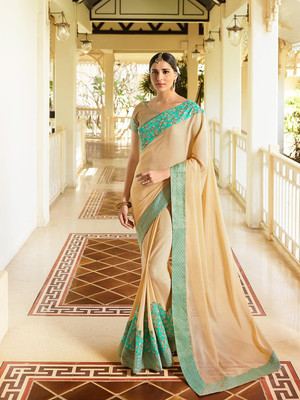 Saanjh Embroidered Saree with Attached Blouse Cotton Blend Saree(Beige, Green)
