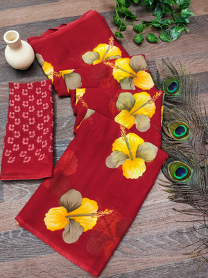 Anand Sarees Floral Print Daily Wear Georgette Saree(Red, Yellow)
