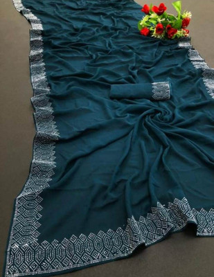 KrishneEnt Embellished Bollywood Silk Blend Saree(Blue)