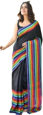 ANU INDIAN FASHION Solid/Plain, Striped Handloom Cotton Blend Saree(Black)