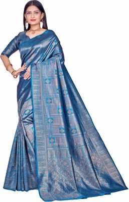 SHRIMAY Checkered, Self Design Kanjivaram Pure Silk, Jacquard Saree(Light Blue)