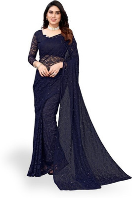 HouseOfCommon Floral Print Bollywood Net Saree(Dark Blue)