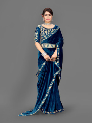 Sinauli Embroidered, Solid/Plain Daily Wear Velvet Saree(Light Blue)