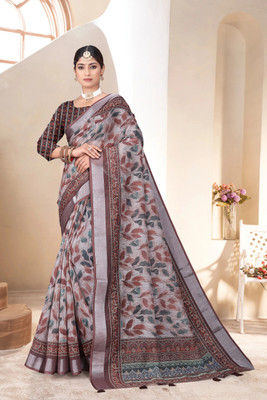 Mugdarra Geometric Print Daily Wear Linen Saree(Cream)