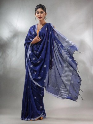 SSP Floral Print Handloom Cotton Blend Saree(Blue)