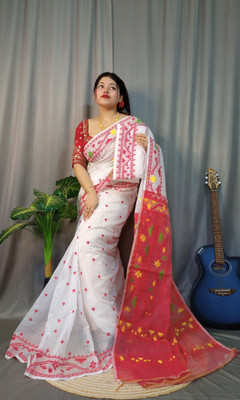 Pasum's Embroidered, Self Design Jamdani Pure Cotton Saree(White, Red)