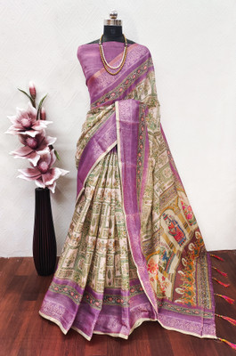 VASTUKALA Woven Kanjivaram Pure Silk, Art Silk Saree(Cream, Purple)