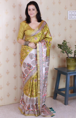 Nayanthara Trends Digital Print Madhubani Tussar Silk Saree(Yellow)