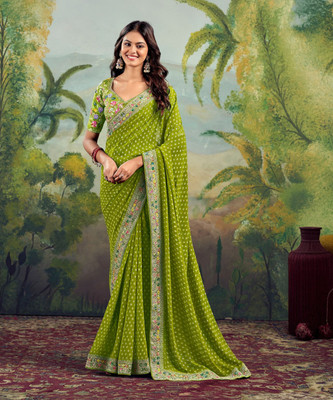 Satrani Embellished, Embroidered, Printed Bandhani Georgette, Lace Saree(Green)