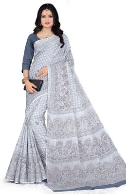 mahakali Printed Patola Pure Cotton Saree(Grey)